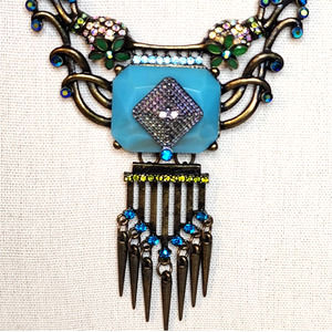 Beautiful Art Deco Boho Fashion Necklace Metal Floral with Gemstone Accents 11"